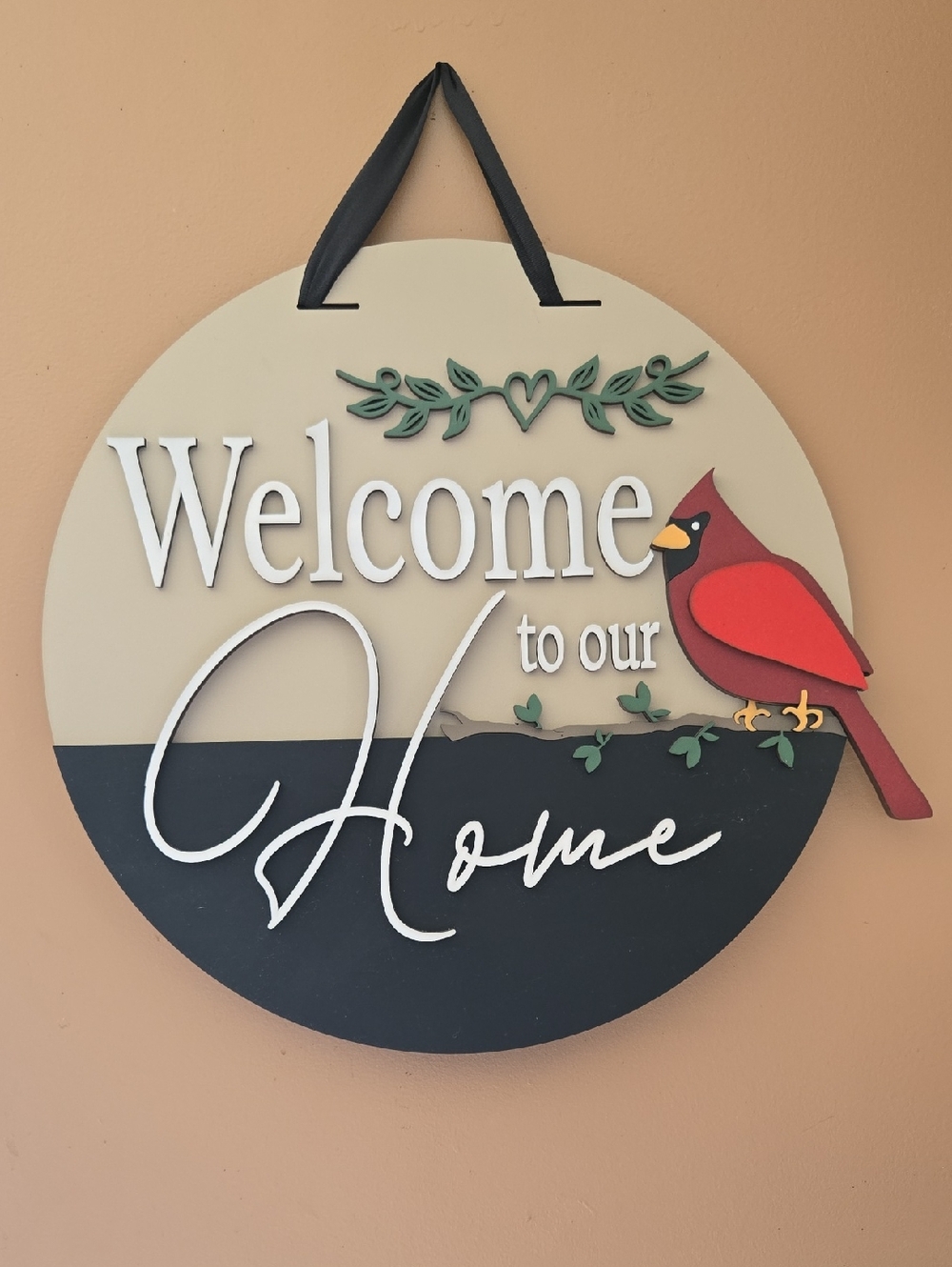 Welcome to Our Home Round Wall Sign with Red Cardinal